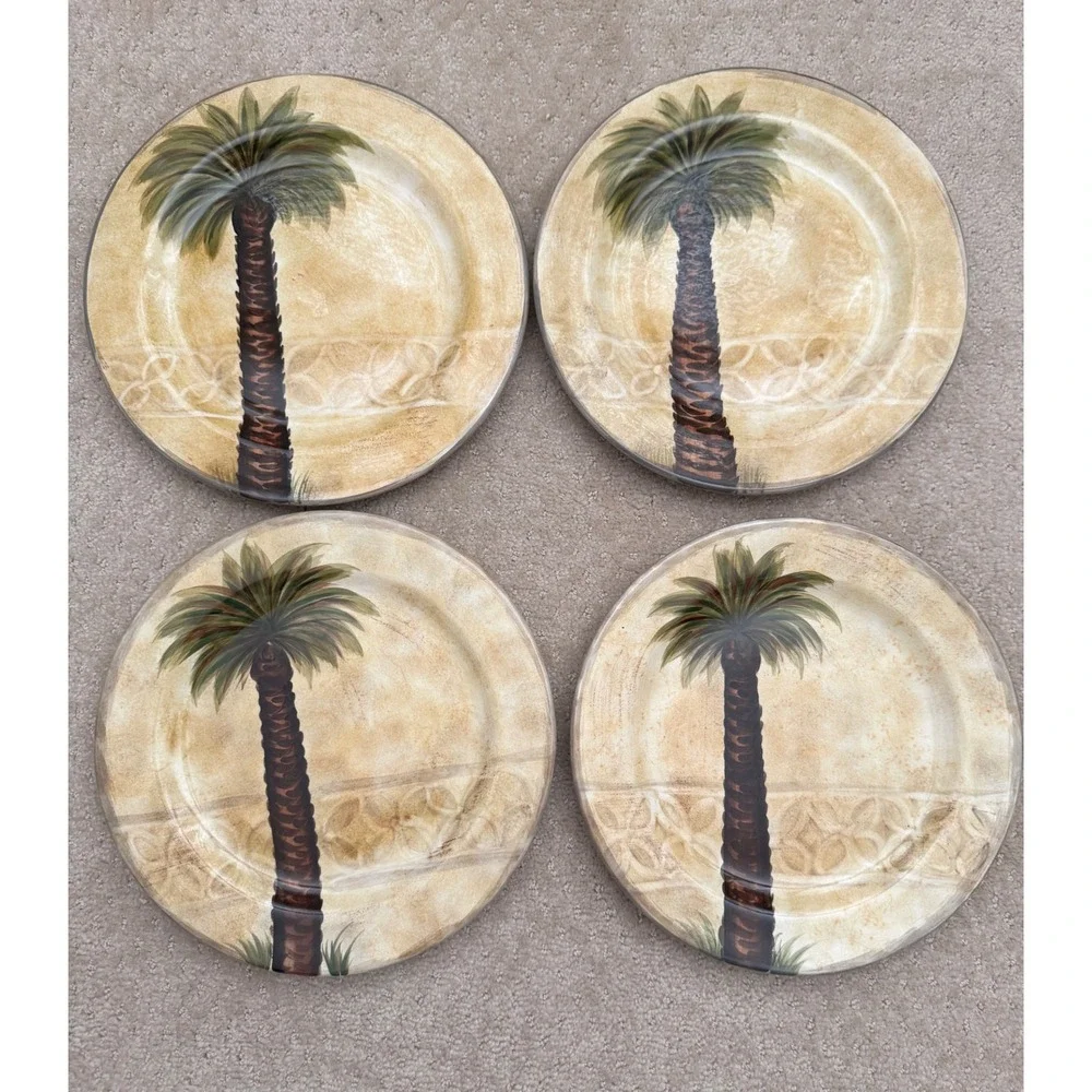 BELLAGIO Tabletop Unlimited Palm Tree Dinner Plates Set of 4 Hand Painted 10.5